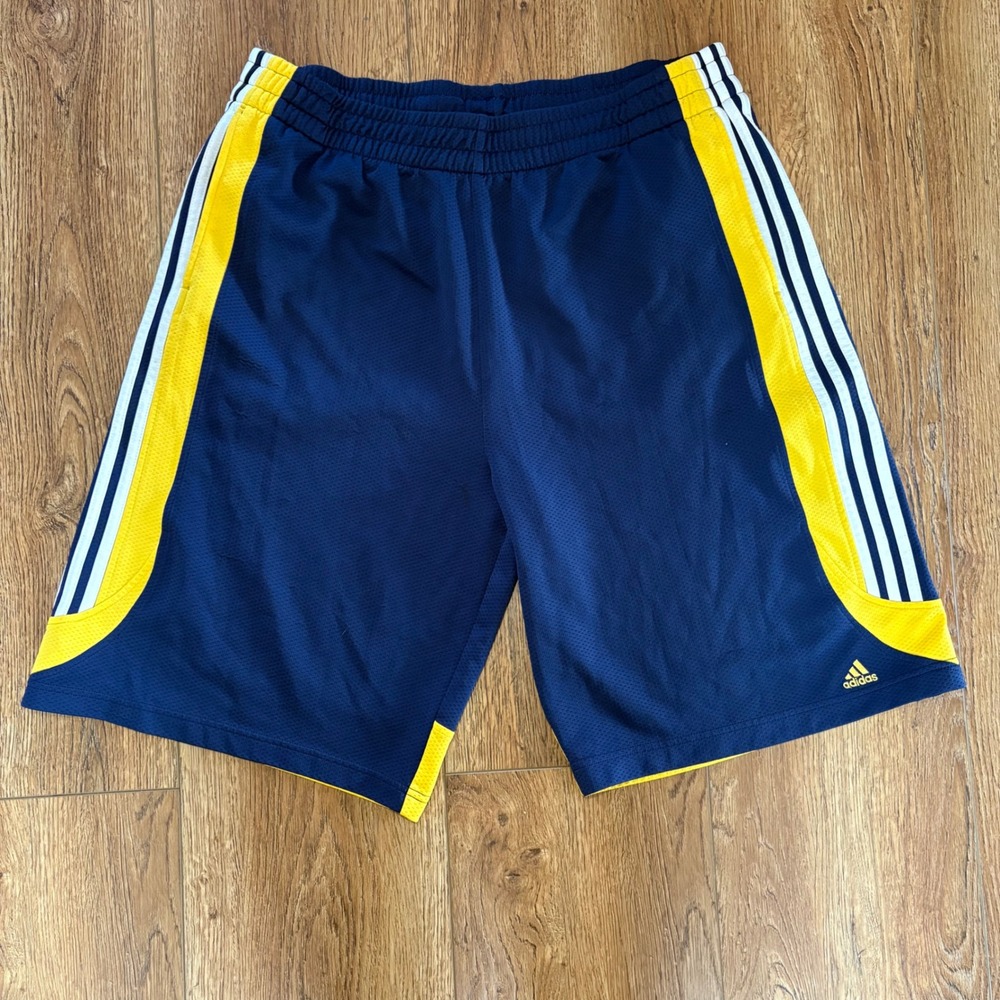 Y2K Adidas Mens 2XL Mesh Basketball Shorts Navy Blue Yellow baggy Athletic Gym